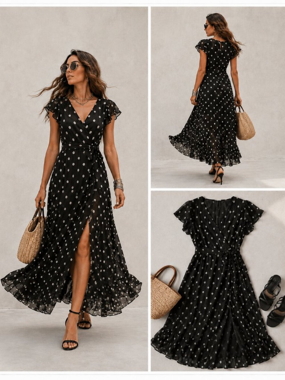 Eva Mendes Black Polka Dot Maxi Wrap Dress XS Flutter Sleeve Chiffon Dress